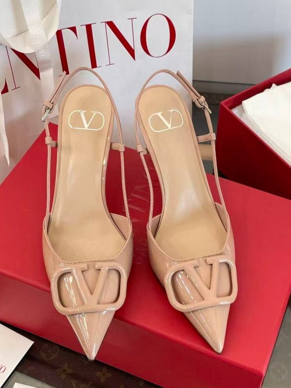 Valentino Garavani Nude Patent V‑Logo Slingback Heels